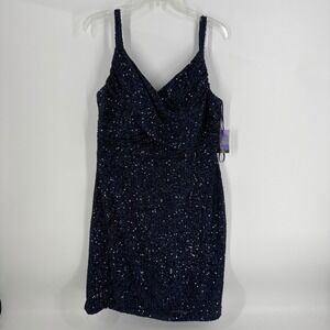 Nightway Navy Blue Sequin V Neck Spaghetti Strap‎ Cocktail Dress Size 12